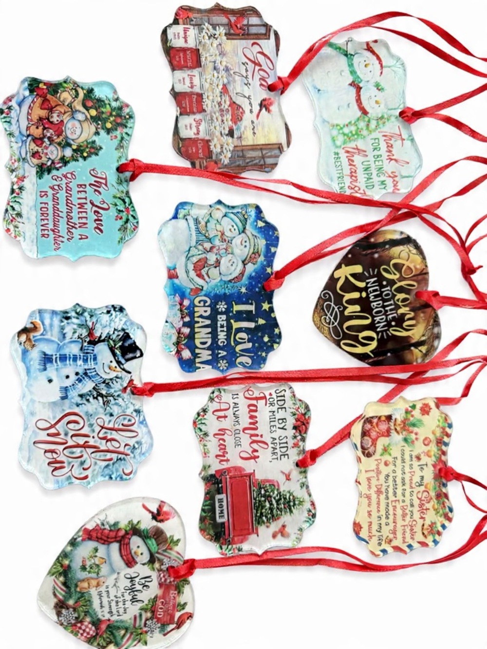 Holiday Ornament Gift Tags - Assorted Christmas Designs (Red Ribbon)